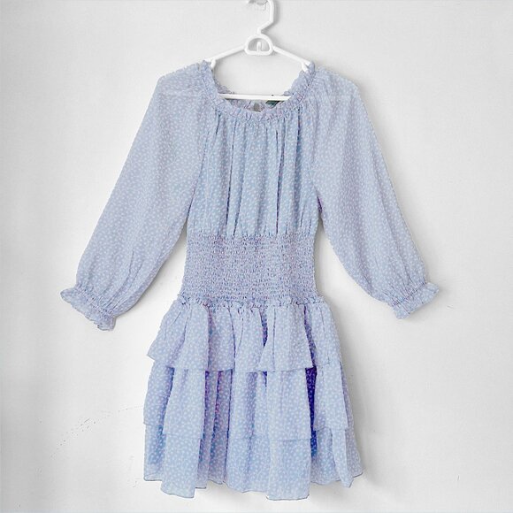 NEW French Connection Sheer Smocked Waist Tiered-Skirt Blue Dress - Picture 12 of 16